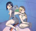  2girls ass asymmetrical_hair back-to-back between_legs blonde_hair blue_bodysuit blue_eyes bob_cut bodysuit braid braided_ponytail breasts closed_mouth cockpit commentary darling_in_the_franxx frown green_bodysuit green_eyes hair_ornament hairclip hand_between_legs hand_on_own_thigh hood hood_down ichigo_(darling_in_the_franxx) kokoro_(darling_in_the_franxx) large_breasts leaning_forward light_particles long_hair looking_at_viewer looking_back looking_to_the_side multiple_girls parted_bangs pilot_suit short_hair single_braid sitting skin_tight small_breasts smile tunguu two-tone_bodysuit very_long_hair wariza white_bodysuit 
