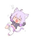  1girl :3 ahoge animal_ear_fluff animal_ears barefoot black_choker blush cat_ears cat_girl cat_tail chibi choker closed_eyes earl_grey_no_chaba fang highres hololive hood hoodie light_purple_hair long_sleeves medium_hair midriff navel nekomata_okayu open_mouth pants puffy_long_sleeves puffy_sleeves sidelocks simple_background sleeves_past_wrists solo tail tantrum tearing_up virtual_youtuber white_background x_navel 