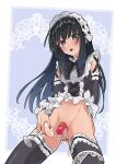  1boy black_eyes black_hair black_lips black_nails black_ribbon black_thighhighs blue_background border chastity_belt chastity_cage clothed_masturbation crossdressing cum cum_in_ass cup detached_sleeves highres holding holding_cup lipstick long_hair looking_down maid maid_headdress makeup male_focus male_masturbation masturbation meito moyashimon mubo open_mouth otoko_no_ko ribbon thighhighs white_background white_border yuuki_kei 