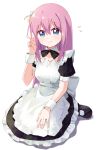  1girl alternate_costume apron black_dress black_footwear blue_eyes bocchi_the_rock! closed_mouth cube_hair_ornament detached_collar dress enmaided gotou_hitori hair_between_eyes hair_ornament haru_(konomi_150) highres long_hair looking_at_viewer maid maid_apron one_side_up pink_hair shoes simple_background solo white_apron white_background wrist_cuffs 