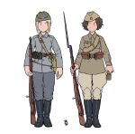  2girls absurdres ammunition_pouch bag bayonet bolt_action boots explosive finnish_army garrison_cap grenade gun hat highres load_bearing_equipment looking_at_another military_uniform mosin-nagant multiple_girls original ostwindprojekt pouch rifle shoulder_bag soviet_army swedish_uniform uniform weapon world_war_ii 