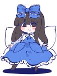  1girl blue_bow blue_dress blunt_bangs blush_stickers bow brown_eyes brown_hair chahan_(fried_rice0614) chibi dress fairy_wings frills full_body hair_bow highres long_hair looking_at_viewer shadow simple_background slit_pupils smile solo standing star_sapphire touhou white_background wings 