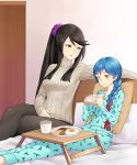  2girls alternate_costume beans black_hair blue_hair blue_pajamas braid bread breakfast breasts egg_(food) fire_emblem fire_emblem_fates food high_ponytail highres igni_tion large_breasts lilith_(fire_emblem) medium_breasts mikoto_(fire_emblem) milk mother_and_daughter multicolored_hair multiple_girls pajamas red_hair sausage side_ponytail single_braid tray two-tone_hair 