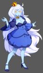  1girl :o adventure_time blue_dress blue_footwear blue_skin breasts cleavage colored_eyelashes colored_skin crown dress flowers-imh grey_background high_heels highres ice_queen_(adventure_time) long_hair looking_at_viewer simple_background solo very_long_hair white_hair yellow_eyes 