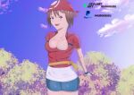  1girl :d absurdres artist_name bandana bike_shorts_under_skirt blue_eyes blush breasts brown_hair cleavage cloud collarbone collared_shirt commentary cowboy_shot day deviantart_logo deviantart_username eyelashes fanny_pack gloves highres kurodeuzu looking_at_viewer may_(pokemon) non-web_source open_mouth outdoors pokemon pokemon_(game) pokemon_rse red_bandana red_shirt self-upload shirt skirt sky small_breasts smile solo teeth tongue upper_teeth_only watermark white_skirt yellow_bag 