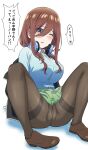  1girl absurdres arm_support black_jacket black_pantyhose blazer blue_cardigan blue_eyes blush breasts brown_footwear brown_hair cameltoe cardigan chiriakuta_(artist) collared_shirt commentary_request female_pubic_hair go-toubun_no_hanayome green_skirt hair_between_eyes headphones headphones_around_neck highres jacket large_breasts long_bangs long_hair m_legs nakano_miku no_panties one_eye_closed open_clothes open_jacket open_mouth pantyhose pleated_skirt pubic_hair school_uniform shirt sidelocks sitting skirt solo speech_bubble thighband_pantyhose translation_request white_background white_shirt 