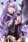  1girl armor breast_strap breasts camilla_(fire_emblem) cleavage dragon fake_horns fire_emblem fire_emblem_fates gloves hand_on_own_chest highres horns kirishima_riona large_breasts lips long_hair parted_lips purple_eyes purple_gloves purple_hair solo sparkle_background thighs tiara very_long_hair wavy_hair wyvern 