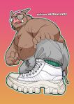  2023 advertisement anthro belly big_belly bottomwear clothing eyewear footwear glasses hair hi_res humanoid_hands kemono male mammal navel overweight overweight_male pants pink_hair shoes sippo solo suid suina sus_(pig) tongue tongue_out wild_boar 