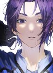  1boy 58hrprtr black_gloves blue_lock blue_shirt collared_shirt gloves hair_tie hand_up highres looking_at_viewer male_focus mikage_reo parted_lips portrait purple_eyes purple_hair shirt short_hair simple_background solo white_background 