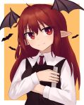  1girl bat_(animal) book breasts bright_pupils head_wings holding holding_book koakuma light_smile long_hair medium_breasts necktie orange_background pointy_ears red_eyes red_hair red_necktie simple_background solo strangenovel touhou very_long_hair wings 