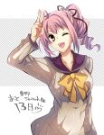  1girl countdown drill_hair highres kugayama_rion long_sleeves looking_at_viewer one_eye_closed open_mouth pink_hair satsuki_(chaosmode) school_uniform sidelocks single_drill smile striped striped_background sweater tokyo_xanadu translation_request uniform upper_body v yellow_eyes 