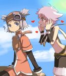  2girls ? blue_hair blue_sky blush hands_on_own_face heart long_sleeves looking_at_another multiple_girls pink_hair pratty purple_eyes short_hair sky sugarette summon_night two_side_up white_hair yeyuge 