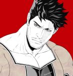  1boy bara beard beard_stubble bodysuit boku_no_hero_academia endeavor_(boku_no_hero_academia) expressionless facial_hair head_tilt large_pectorals looking_to_the_side male_focus mature_male muscular muscular_male mustache_stubble pectoral_cleavage pectorals portrait red_background scar scar_across_eye shiroshiro69 short_hair sideburns solo spiked_hair spot_color stubble thick_eyebrows 