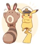  :&lt; :3 ^^^ animal_focus black_eyes blush_stickers border captain_pikachu closed_mouth clothed_pokemon commentary_request crossed_arms full_body happy hat highres neko_gyoza no_humans notice_lines outside_border partial_commentary peaked_cap pikachu pokemon pokemon_(anime) pokemon_(creature) pokemon_horizons sentret simple_background smile tail_stand white_border white_headwear yellow_background 