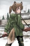 1girl :&lt; absurdres animal_ear_fluff animal_ears bare_tree brown_eyes brown_hair camouflage camouflage_pants closed_mouth commentary_request day green_jacket gun highres holding holding_gun holding_weapon hood hood_down hooded_jacket jacket long_sleeves looking_at_viewer looking_back original outdoors pants ponytail rifle skirt snow solo standing tail tail_through_clothes tree weapon weapon_request yihan_world 