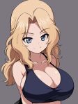  1girl ai-generated alternate_costume arm_under_breasts blonde_hair blue_eyes blue_tank_top breasts cleavage collar commentary girls_und_panzer grey_background hair_intakes highres hikari_(hikaring3120) kay_(girls_und_panzer) large_breasts long_hair looking_at_viewer looking_back smile solo tank_top upper_body wavy_hair 