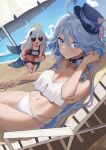  2girls absurdres ahoge beach beach_chair bikini blue_eyes blue_hair blush choker commentary_request furina_(genshin_impact) genshin_impact higashiwun_izumi highres looking_at_viewer multiple_girls navel paimon_(genshin_impact) sitting smile sunglasses swimsuit white_bikini white_hair 