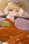  1girl bare_shoulders blonde_hair blush bow cat_hair_ornament danganronpa_(series) danganronpa_2:_goodbye_despair floral_print green_bow hair_bow hair_ornament highres japanese_clothes kimono long_hair lying obi off_shoulder on_side open_mouth orange_eyes orange_kimono pillow pointacid_(po_yin_to) saionji_hiyoko sash shiny_skin solo sweat twintails 