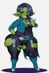  black_bodysuit bottom_heavy breasts clothing female gloves goblin green_body green_skin grey_background handwear hi_res humanoid humanoid_pointy_ears shadow short_stack simple_background small_breasts solo standing strongmoist thick_thighs torn_clothing wide_hips 