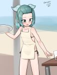  1girl absurdres apron aqua_ribbon beach bikini black_bikini feet_out_of_frame forehead glass gradient_hair green_eyes green_hair hair_ribbon half_updo highres horizon kantai_collection maru_(marg0613) medium_hair multicolored_hair nearly_naked_apron ocean one-hour_drawing_challenge polka_dot polka_dot_ribbon ribbon side-tie_bikini_bottom solo string_bikini suzunami_(kancolle) swimsuit table tray white_apron 