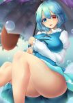  1girl absurdres ass blue_eyes blue_hair blue_skirt blue_vest blurry blurry_background bottomless breasts bubble commentary_request cross-laced_clothes heterochromia highres holding holding_umbrella juliet_sleeves karakasa_obake large_breasts long_sleeves looking_at_viewer no_panties paid_reward_available poke200 puffy_sleeves purple_umbrella red_eyes shirt short_hair skirt solo tatara_kogasa thighs tongue tongue_out touhou umbrella variant_set vest white_shirt 
