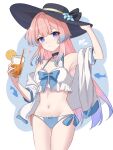  1girl arm_up armpits bare_shoulders bikini black_choker black_headwear blue_bow blue_hair bow breasts choker commentary cowboy_shot cup drinking_glass drinking_straw food fruit genshin_impact gradient_hair hand_up highres holding holding_cup jacket lemon lemon_slice long_hair looking_at_viewer multicolored_hair navel off_shoulder open_clothes open_jacket pink_hair purple_eyes sangonomiya_kokomi short_sleeves small_breasts smile solo standing stomach swimsuit thighs very_long_hair white_background white_bikini white_jacket zerosama_(user_tprp7225) 