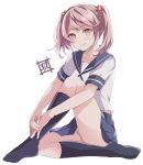  1girl artist_logo black_socks blue_sailor_collar blue_skirt hair_bobbles hair_ornament kantai_collection kukimaru orange_eyes panties pink_hair pleated_skirt sailor_collar sazanami_(kancolle) school_uniform serafuku short_hair simple_background sitting skirt smile socks solo twintails underwear white_background white_panties 