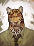  1boy animal_ear_piercing animal_ears collared_shirt fang furry furry_male highres jaguar_boy jaguar_ears male_focus necktie nose_piercing original piercing semi-rimless_eyewear shirt solo subtitled surprised wao_art whiskers 