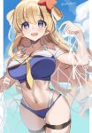  1girl alternate_costume bikini blonde_hair blue_bikini blue_sky breasts cleavage cloud cloudy_sky covered_navel cowboy_shot dated day double_bun fletcher_(kancolle) fletcher_mk_ii_(kancolle) hair_bun hair_ornament highres kantai_collection large_breasts long_hair looking_at_viewer official_alternate_costume outdoors picoli1313 purple_eyes sky smile solo swimsuit 