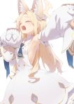  1girl animal_ears armpits bare_shoulders blonde_hair blue_archive blush breasts closed_eyes detached_sleeves dress fox_ears halo highres long_hair n4gare_b0shi open_mouth seia_(blue_archive) simple_background small_breasts solo white_background white_dress white_sleeves yellow_halo 
