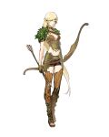  1girl anwen_(heroes_of_might_and_magic) arrow_(projectile) blonde_hair boots bow_(weapon) breasts brown_choker brown_footwear brown_gloves brown_shorts choker cleavage closed_mouth diadem elf facial_mark full_body gloves green_eyes half_gloves heroes_of_might_and_magic highres holding holding_arrow holding_bow_(weapon) holding_weapon leaf long_hair long_pointy_ears looking_at_viewer medium_breasts navel partially_fingerless_gloves pointy_ears shorts simple_background standing tb_(spr1110) thigh_boots very_long_hair weapon white_background 