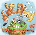  1girl 4boys :d :o animal_costume animal_ears animal_hood anniversary aogaeru_(pixiv46613656) armlet bandana bird black_eyes blonde_hair blue_eyes blush bob-omb boo_(mario) bowser bracelet brown_dress brown_hair bullet_bill closed_mouth commentary_request dated dress elbow_gloves eyelashes facial_hair fake_block_(mario) fangs fox_ears fox_hood fox_tail ghost gloves goomba grass highres holding_hands hood hood_up horns jewelry looking_down looking_up luigi mario mario_(series) multiple_boys mustache open_mouth princess_peach puffy_short_sleeves puffy_sleeves raccoon_ears raccoon_hood raccoon_tail red_bandana red_eyes red_hair sharp_teeth short_sleeves smile spiked_armlet spiked_bracelet spiked_shell spiked_tail spikes super_leaf super_leaf_(transformation) super_mario_3d_land tail teeth thwomp toad_(mario) tongue tongue_out turtle_shell tusks v-shaped_eyebrows white_gloves 