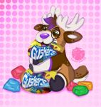  antlers brown_body brown_fur capreoline chibi deer eyewear fruit_gushers fur giant_food glasses highlights_(coloring) hooves horn luckfoxo33 mammal pink_background purple_highlights reindeer simple_background smile white_body white_fur wide_eyed 