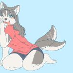  1:1 anthro barefoot blue_eyes blush bottomwear breasts canid canine canis cheek_tuft clothed clothing digital_media_(artwork) domestic_dog ekaki510 facial_tuft fangs feet female fur hair husky kemono long_hair looking_at_viewer mammal nordic_sled_dog one_eye_closed open_mouth open_smile red_clothing red_shirt red_topwear shirt shorts simple_background sitting smile solo spitz tail tail_motion tailwag teeth toes tongue tongue_out topwear tuft 