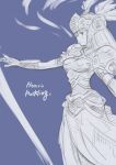  1girl armor armored_dress breasts closed_mouth feathers greyscale helmet highres lenneth_valkyrie long_hair monochrome puddinghomhom shoulder_armor simple_background solo valkyrie valkyrie_profile_(series) winged_helmet 