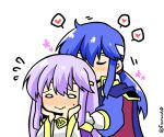  1boy 1girl blue_cape blue_hair blush brother_and_sister cape circlet dress embarrassed fire_emblem fire_emblem:_genealogy_of_the_holy_war hands_on_own_cheeks hands_on_own_face headband heart implied_incest incest julia_(fire_emblem) ponytail purple_hair seliph_(fire_emblem) siblings simple_background smelling_hair white_headband yukia_(firstaid0) 