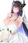  1girl absurdres asymmetrical_horns bare_shoulders black_hair blue_hair blush breasts bridal_veil bride collarbone colored_inner_hair demon_horns dress flower hair_ornament heart heart-shaped_pupils highres holding holding_flower hololive hololive_english horns large_breasts long_hair looking_at_viewer mole mole_under_eye multicolored_hair nerissa_ravencroft prab red_eyes solo symbol-shaped_pupils two-tone_hair uneven_horns veil virtual_youtuber wedding_dress white_background white_dress 