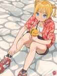  1girl absurdres air_jordan artist_logo black_shorts black_socks blonde_hair blue_eyes blue_nails breasts canty! cleavage commentary_request commission cup day drinking drinking_straw drinking_straw_in_mouth floral_print hand_on_own_leg hawaiian_shirt highres holding holding_cup juice leaf_print looking_at_viewer nail_polish open_clothes open_shirt original outdoors shirt shoes short_hair short_sleeves shorts sitting skeb_commission sneakers socks solo strapless tree_shade tube_top twintails watermark white_tube_top 
