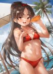  1girl bare_arms bare_legs bare_shoulders bikini black_hair blush brown_eyes collarbone cowboy_shot day highres kantai_collection long_hair navel nisshin_(kancolle) open_mouth outdoors palm_tree red_bikini short_eyebrows smile solo suggestive_fluid swimsuit toka_(marchlizard) tree 