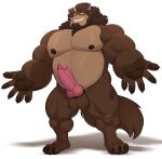  animal_genitalia animal_penis anthro balls beard belly bodily_fluids brown_body brown_fur brown_hair canid canine canine_genitalia canine_penis canis dark_nipples erection facial_hair fur genital_fluids genitals hair hi_res knot looking_at_viewer male mammal musclegut muscular muscular_anthro muscular_male nipples nude open_mouth overweight pecs penis same22shark simple_background smile solo sparkles teeth white_background wolf yellow_eyes 