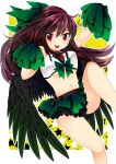  1girl adapted_costume bird_wings black_wings blush bow breasts brown_hair cheerleader commentary_request crop_top feet_out_of_frame frilled_skirt frills green_bow green_skirt hair_bow highres holding holding_pom_poms large_breasts leg_up long_hair looking_at_viewer medium_bangs midriff mikomo0106 miniskirt navel open_mouth outline pleated_skirt pom_pom_(cheerleading) red_eyes reiuji_utsuho round_teeth shirt skirt sleeveless sleeveless_shirt smile solo star_(symbol) teeth third_eye touhou underboob upper_teeth_only white_background white_outline white_shirt wings yellow_background 