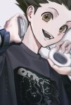  1boy absurdres artist_name black_hair black_shirt brown_eyes gon_freecss grey_background headphones headphones_around_neck highres holding holding_headphones hunter_x_hunter looking_at_viewer male_focus open_mouth shirt simple_background sjamki solo t-shirt upper_body watch wristwatch 