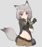  1girl animal_ear_fluff animal_ears arm_across_chest belt belt_pouch blush brown_eyes brown_shorts clothes_lift collared_shirt cropped_legs emphasis_lines eyebrows_hidden_by_hair fox_ears fox_girl fox_tail gloves grey_background grey_hair grey_shirt grey_tail groin highres jaana_kettu kpe934k0s282b2 looking_at_viewer mechanical_arms midriff navel nervous original pouch prosthesis prosthetic_arm shirt shirt_lift short_hair short_shorts short_sleeves shorts simple_background single_mechanical_arm sleeves_rolled_up solo sweat tactical_clothes tail 