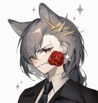  1girl absurdres akechi_(826988799) animal_ears arknights black_jacket black_necktie brown_hair collared_shirt dress_shirt earrings extra_ears flower flower_in_mouth hair_ornament highres jacket jewelry lapels long_hair looking_at_viewer mole necktie penance_(arknights) portrait red_flower red_rose rose shirt simple_background solo sparkle suit suit_jacket white_background white_shirt wolf_ears wolf_girl yellow_eyes 