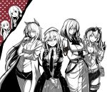  6+girls :| armband belt beret blush bra braid breasts cleavage closed_mouth coat collarbone commentary_request crossed_arms dress eyewear_on_head girls&#039;_frontline glasses gloves greyscale griffin_&amp;_kryuger_military_uniform grin hair_between_eyes hair_ornament hair_ribbon hair_scrunchie hairclip hand_on_own_elbow hand_up hat headphones headset helianthus_(girls&#039;_frontline) highres jitome kalina_(girls&#039;_frontline) lab_coat lace lace_bra large_breasts long_dress long_hair long_sleeves looking_at_viewer m4a1_(girls&#039;_frontline) medium_breasts monochrome monocle multiple_girls neck_ribbon necktie numazume open_mouth page_tear persica_(girls&#039;_frontline) pleated_skirt revealing_layer ribbon scrunchie shirt side_ponytail sier_(girls&#039;_frontline) simple_background skirt smile snap-fit_buckle st_ar-15_(girls&#039;_frontline) sunglasses thigh_pouch twin_braids underwear v white_background 