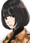  1girl absurdres black_sweater bob_cut brown_eyes brown_hair brown_jacket commentary_request eyelashes highres jacket looking_at_viewer original short_hair simple_background sketch solo sweater tsukikage_oyama turtleneck turtleneck_sweater white_background 