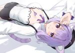  1girl :3 ahoge animal_ear_fluff animal_ears arm_up blush breasts cat_ears cat_tail cleavage hololive looking_at_viewer lying medium_breasts nekomata_okayu on_back on_bed purple_eyes purple_hair ruka_tou smile solo tail 