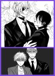  2boys 2girls black_choker black_hair black_jacket black_necktie black_suit blonde_hair business_suit chainsaw_man choker collared_shirt denji_(chainsaw_man) eyepatch flower formal jacket kishibe_(chainsaw_man) lapels lily_(flower) long_hair long_sleeves looking_at_viewer monochrome multiple_boys multiple_girls necktie ponytail quanxi_(chainsaw_man) reze_(chainsaw_man) shading_eyes shirt short_hair suit suit_jacket unamused white_hair white_shirt yorudori3 yuri 