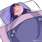  1girl 1other bed blanket genshin_impact highres kamiiart long_hair pillow pink_fur purple_hair raiden_shogun twitter_username yae_miko yae_miko_(fox) 