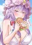  1girl absurdres bikini blush bow breasts cleavage crescent crescent_hat_ornament eating fingernails food hair_bow hat hat_ornament highres holding holding_food large_breasts lettuce maboroshi_mochi mob_cap nail_polish patchouli_knowledge purple_bikini purple_eyes purple_hair purple_headwear sandwich sidelocks sideways_glance solo swimsuit tomato tomato_slice touhou upper_body 